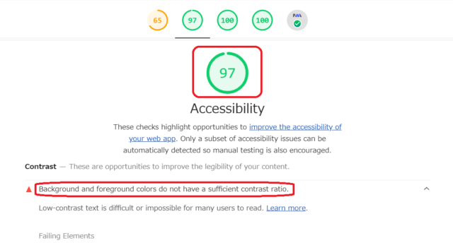 Accessibilityの測定結果が97点。Enlighterのコード表示でコントラスト比が足りないため減点されている。