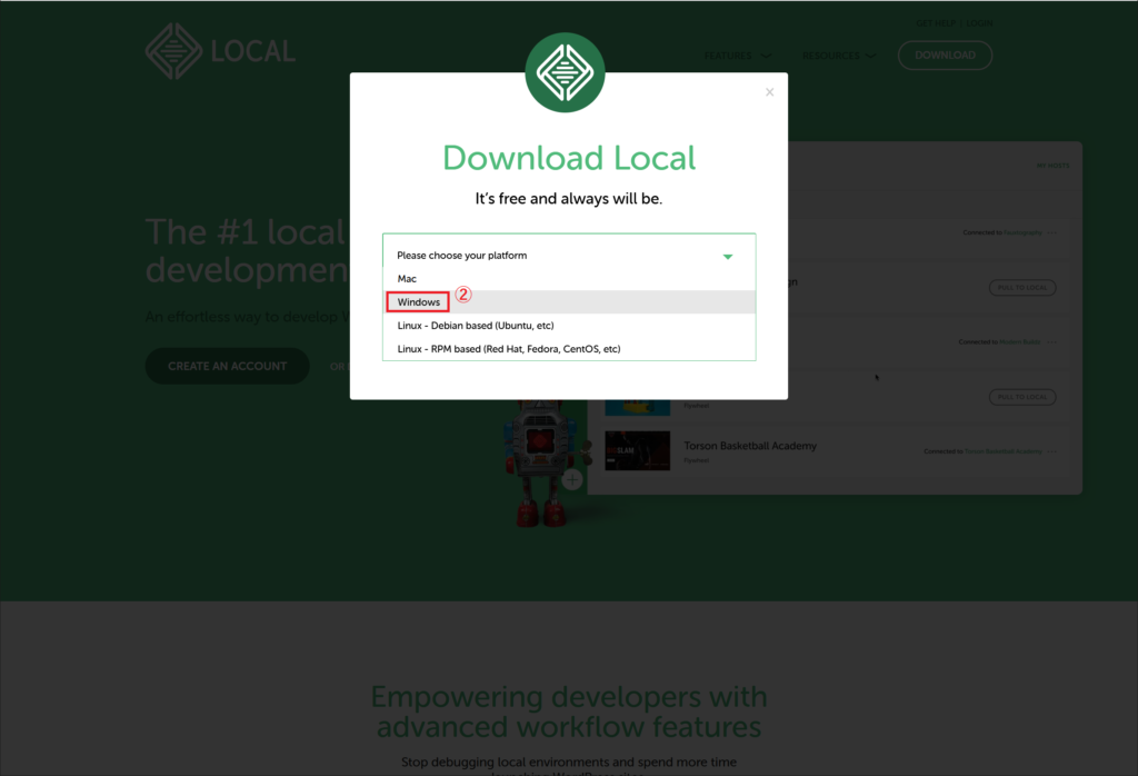 ②Local by FlywheelをインストールするOSを選択します。ここでは、「Windows」を選択しました。