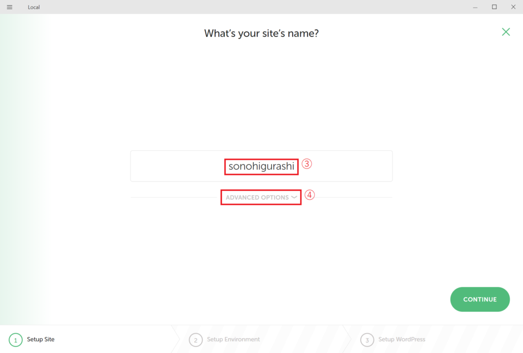 ③作成するサイトの名前を入力し、④「ADVANCED OPTIONS」をクリックします。