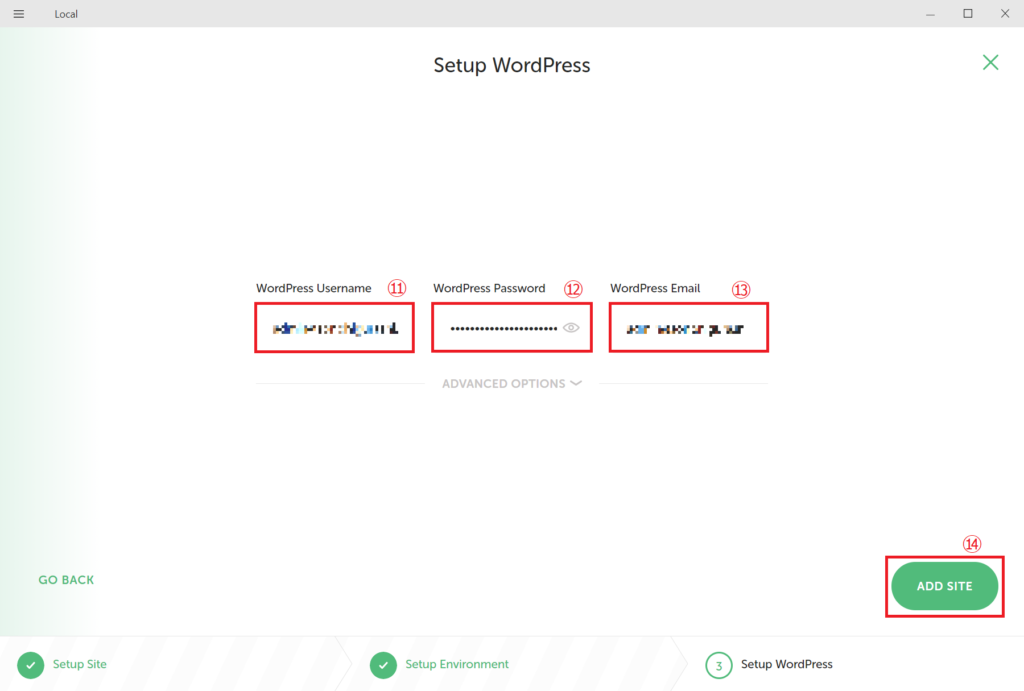 ⑪「WordPress Username」にサイト管理者のユーザー名、⑫「WordPress Password」にサイト管理者のパスワード、⑬「WordPress Email」にサイト管理者のメールアドレスを入力し、⑭「ADD SITE」をクリックします。なお、これらの値は本番環境のデータをインポートした時点で上書きされる情報となります。